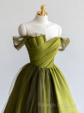 A-Line Off Shoulder Satin Green Long Prom Dresses, Green Formal Dresses